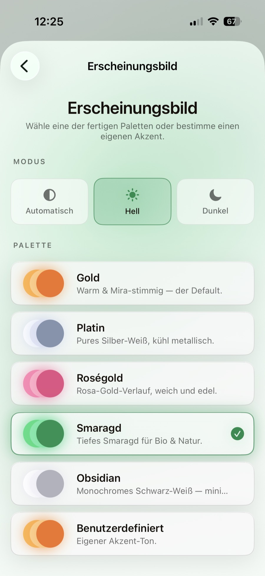 Erscheinungsbild und Palettenauswahl im hellen Modus